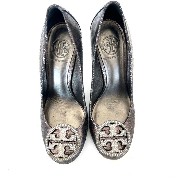 TORY BURCH Pierson-soft Embellished Logo Metallic Gray Leather Pump Heel Sz 7 M - Picture 4 of 11